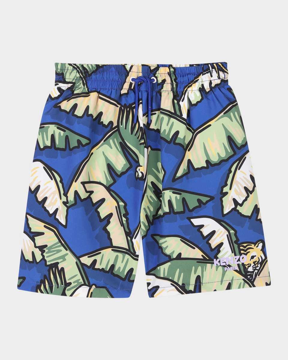 Boy's Jungle-Print Swim Shorts, Size 6-